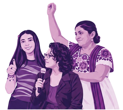 Ilustración de tres mujeres: una joven con el pulgar arriba, una mujer que habla con un micrófono y una mujer con huipil que levanta el puño